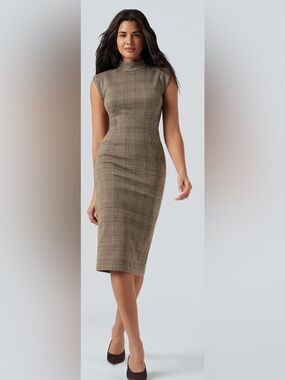 HALARA High Neck Sleeveless Brown Bodycon Houndstooth Plaid Midi Sheath Dress